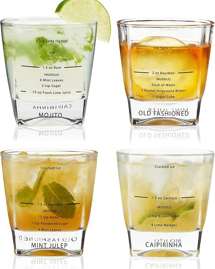 True Cocktail Rocks Glasses with Recipes for Old Fashioned, Mojito, Mint Julep & Caipirinha, Old Fashioned Glasses, Bar Glassware, 8.5 oz, Set of 4