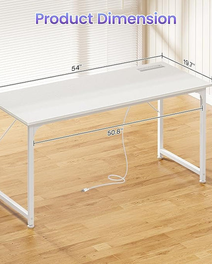 PRAISUN 54 X 20 Inch Office Computer Desk with Power Outlets and USB-C Port, Larger and Longer Gaming Desk, for Home Office, Study, Bedroom, Writing Work from Home Table, Metal Frame, White
