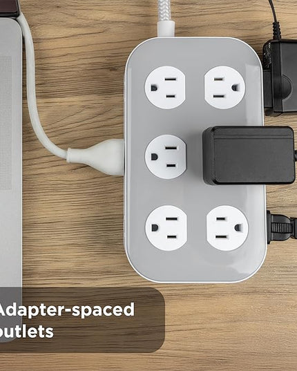 GE UltraPro 12-Outlet Surge Protector, 2100 Joules, 4ft Braided Extension Cord, Flat Plug, Power Strip with Wide-Spaced Outlets, Gray/White – 84670