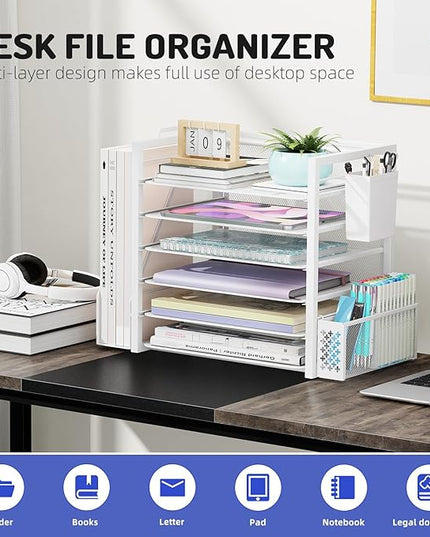 Simple Trending 6 Tier Desk File Organizer, Paper Letter Tray Organizer with File Holder and Pen Container, White