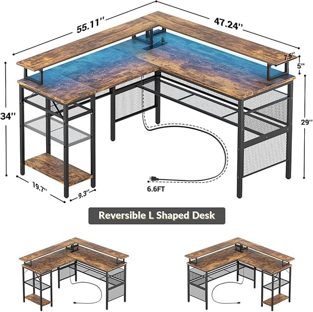 Unikito L Shaped Desk with LED Light and Power Outlet, Reversible Corner Computer Table with Monitor Stand and Storage Shelf, Modern L- Shaped Gaming Desk, Ergonomic Home Office Desk, Rustic Brown