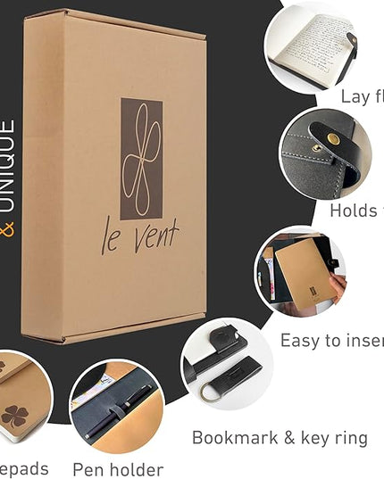 le vent 5X8 Leather Notebook Refillable | 200+200 Lined and Blank Pages | Hardcover Journal for Men & Women, Matte Black
