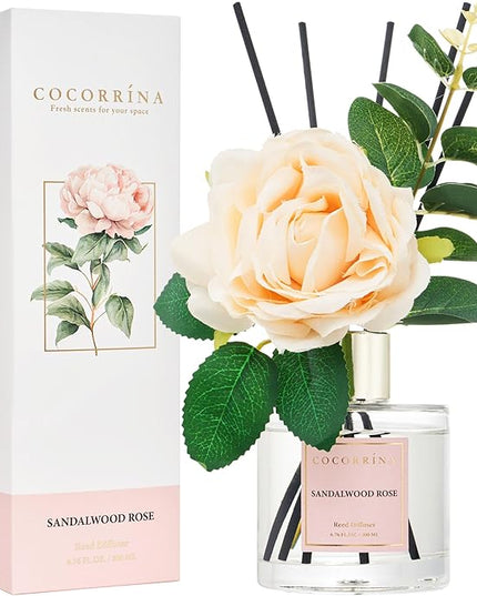 Cocorrina Reed Diffuser Set, Flower Reed Diffuser Sandalwood Rose 6.7 oz, Scented Diffuser with Sticks Home Fragrance Essential Oil for Bathroom Shelf Decor, Living Room, Large Room, 1pack