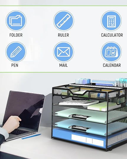 Docnest 5 Tier Mesh Desk Organizer- Letter Tray with Adjustable Compartments, Mesh Desktop Storage Built in Pen Holder and Handles, Desk Organizer Tray for Mail Documents Office Supplies-Black
