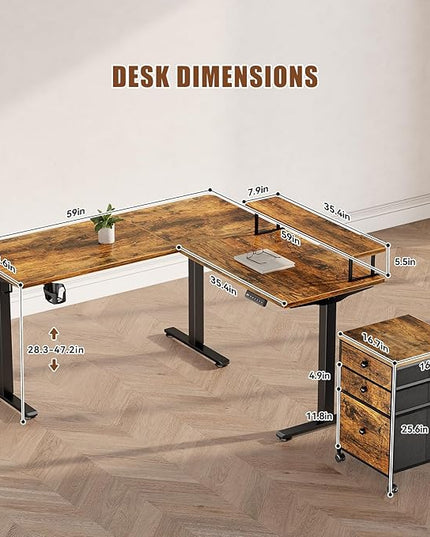 Electric L Shaped Standing Desk with File Cabinet, 59" x 59" Corner Computer Desk with Drawers, Dual Motor Stand Up Desk with Storage, FLYCITY Home Office Standing Desk Adjustable Height, Rustic Brown