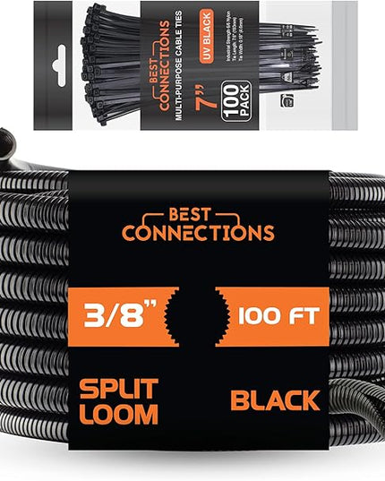 BEST CONNECTIONS 100 Ft – 3/8" Diameter Split Wire Loom Flex-Guard Convoluted Tubing with 100 Pcs 7" Nylon Cable Zip Ties Protective Split Cable Sleeves for Automotive Home Electrical Wires Black