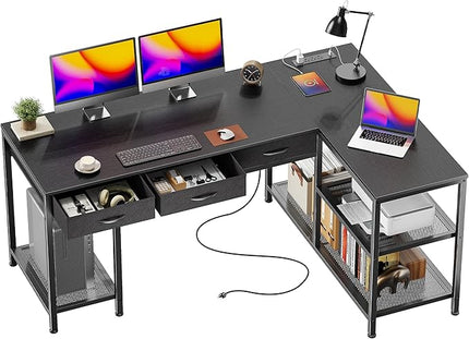 PRAISUN 55 Inch L Shaped Office Desk with Power Outlets and Type-C Port, Large Computer Gaming Desk with 3 Fabric Drawers, Mesh Shelves, Corner Study Work Writing Desk, Black