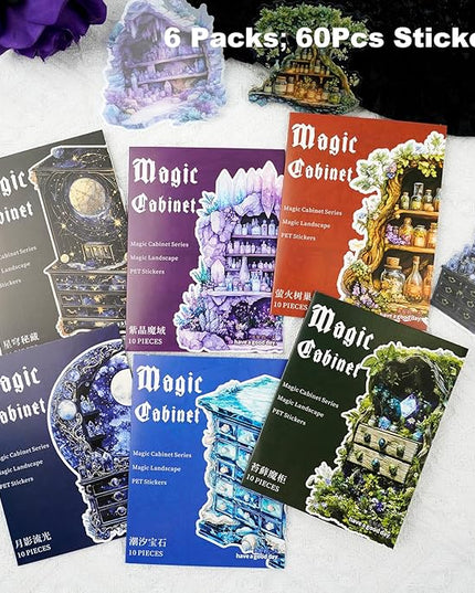 AuriicLeaf Magic Cabinet PET Stickers Set, 60PCS Fantasy Journal Stickers for Scrapbooking DIY Crafts Planner