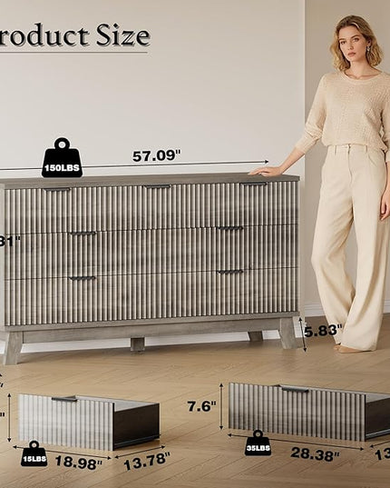 BORNOON 57" Long Dresser for Bedroom, 7-Drawer Fluted Chest, Wide Wood Storage Dresser with Metal Slides and Handles, Stable Base, Modern Clothes Organizer for Primary Suite, Guest Room, Nursery