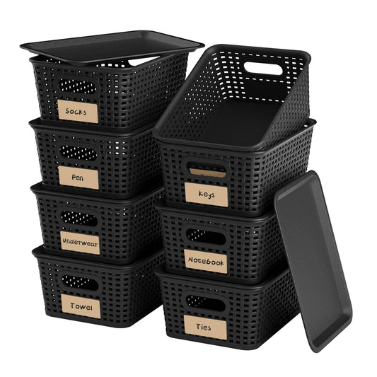 WRRLORS 8 Pack Plastic Storage Baskets,Black Stackable Bins with Lid