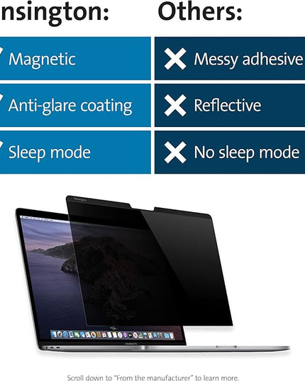 Kensington MP13 Magnetic Macbook Pro Privacy Screen for 13 inch (2016-2022, M1, M2)/ Macbook Air 13 inch (2018-2021, M1), Removable Laptop Privacy Filter, Macbook Mac Screen Protector, K64490WW