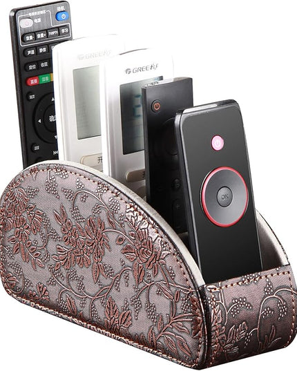 Arniche Leather Remote Control Holder,Universal TV Remote Organizer with 5 Compartments,Desktop or Bedside Table Organizer for DVD,Blu-Ray,Gaming and Streaming Remotes,Glasses and Accessories(Antique)