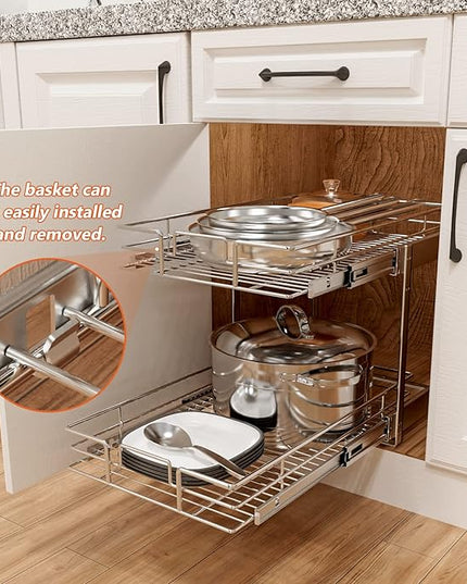 ROOMTEC Individual Pull Out Cabinet Organizer (14" W x 18" D), 2 Tier Spice Rack Organizer for Cabinet, Slide Out Drawer Pantry Shelf Organization and Storage for Kitchen Bathroom