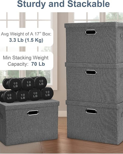Large 17" 36 Quart Collapsible Stackable Storage Bins with Lids, 3 Packs Grey Linen Fabric Closet Boxes with Lids, Storage Cube Baskets Container Organizers for Bedroom Office(17 x12 x11)