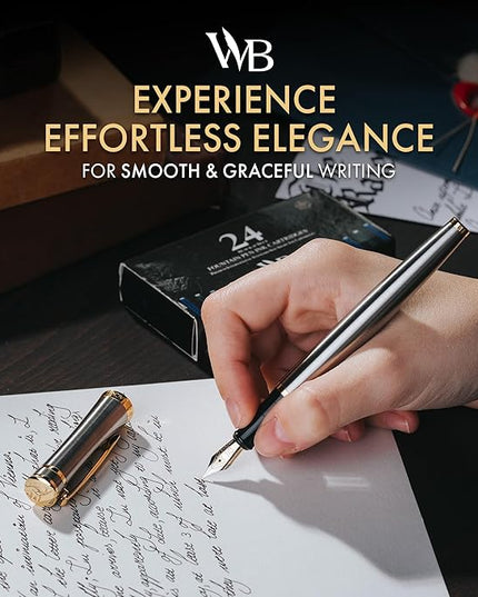 Wordsworth & Black Fountain Pen Set, Medium Nib, Includes 24 Ink Cartridges and Ink Refill Converter, Gift Case, Journaling, Calligraphy, Smooth Writing Pens [Silver Gold], Perfect for Men and Women