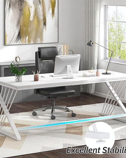 FOLUBAN 70.9" Modern Computer Desk with Z-Shaped Legs, Industrial Executive Home Office Desk for 2 Person, Large Writing Study Table for Bedroom, Gaming Workstation, White