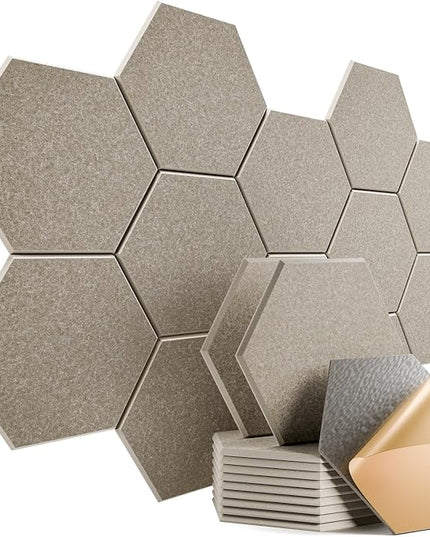 12 Pack Self-Adhesive Acoustic Panels 12" X 10" X 0.4" - Sound Proof Foam Panels with High Density, Stylish Hexagonal Design, Flame Resistant, Absorb Noise and Eliminate Echoes(Camel)