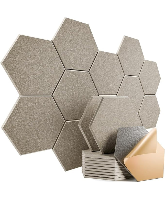 12 Pack Self-Adhesive Acoustic Panels 12" X 10" X 0.4" - Sound Proof Foam Panels with High Density, Stylish Hexagonal Design, Flame Resistant, Absorb Noise and Eliminate Echoes(Camel)