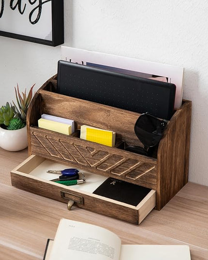 VERGOODR Solid Wooden Desk Drawer Organizer Desktop File Sorter,Desktop Mail Organizer with Handle For Office Supplies,Office Desk Accessories & Workspace Organizers for Home Organization (Brown)