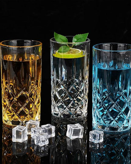 Uiifan Set of 12 Tall Highball Glasses 12 oz Crystal Drinking Glasses Clear Fancy Cups Vintage Textured Designer Glassware for Cocktail Tea Water Beer Soda Beverages, Dishwasher Safe (Classic Style)