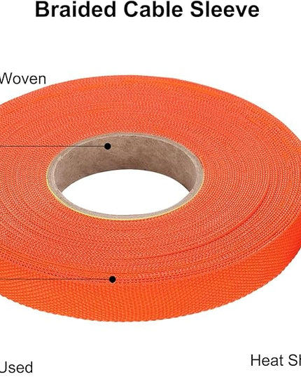 MECCANIXITY Braided Cable Sleeves Heat Shrinkable Fabric Sleeving, 3/8" 60ft Orange 2:1 Ratio Heat Shrinkable Cord Protector for Harness Cable, Network Cable Protection, Cable Management