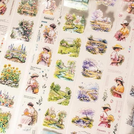 AuriicLeaf Garden and Girl PET Tape Set, 4 Rolls Pre-Cut Adhesive Tapes for Scrapbooking, Journaling, DIY Crafts, and Art Supplies