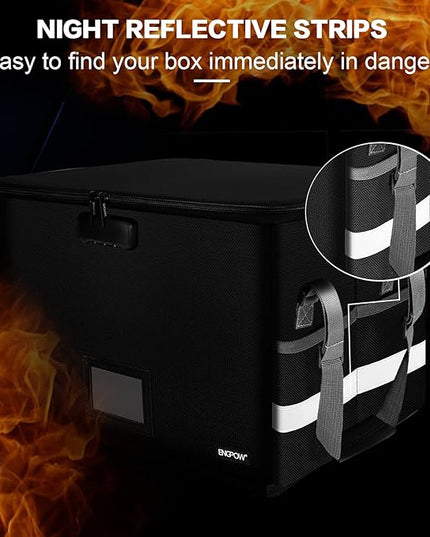 ENGPOW File Box with Lock,Fireproof Document Box with Zipper＆Pockets,Collapsible File Organizer Filing Storage Cabinet with Handle,Portable Home Office Safe for Hanging Letter/Legal Folder,Black