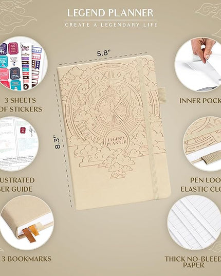 Legend Planner Hourly Schedule Edition – Deluxe Weekly & Daily Organizer with Time Slots. Time Management Appointment Book Journal for Work & Personal Life, Undated, A5 Hardcover – Seashell, Gold Foil