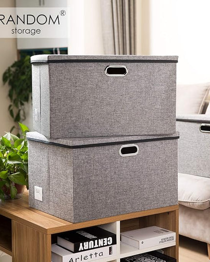 PRANDOM Extra Large Collapsible Storage Bins with Lids [3-Pack] Linen Fabric Foldable Storage Baskets Boxes Organizer Containers Cube with Cover for Bedroom Closet Office Nursery (22.8x15.75x13.8)