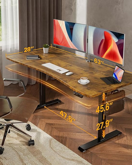 Veken 63 x 28 Inch Electric Standing Desk, Sit to Stand Up, Work Home Office Computer Table for Study, Walking Pad, Writing, and Games, Wooden Desktop Desks, Brown