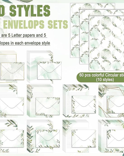 TaoBary 160 Pcs Stationery Paper Set 50 Double Sided Stationery Papers with 50 Matching Envelopes and 60 Round Dot Sticker, 10 Design(Eucalyptus,5.5 x 8.25 Inch)