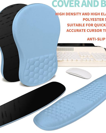 2-in-1 Ergonomic Set, Wave Rise Keyboard Wrist Rest and Massage Bulge Slope Mouse Pad Wrist Support, Cushion Memory Foam Integrated to Relieve Wrist Pain, Lake Blue