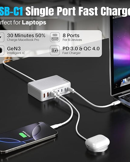 200W GaN III 8-Ports USB C Fast Charger, Type C Block, QC4.0 Fast Phone Charging Station Hub PD 65W Charger Power Adapter for iPad/Air/Pro/iPhone 17/16 MacBook Pro/Air, Galaxy Phones, Tablet