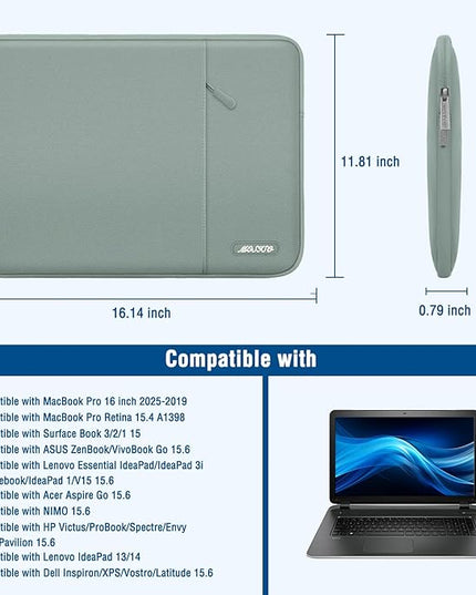 MOSISO Laptop Case 16 inch, 15-15.6 inch Laptop Sleeve Compatible with MacBook Pro 16 M4 M3 M2 M1, HP Acer Dell Lenovo ASUS Notebook, Polyester Vertical Computer Sleeve Bag with Pocket, Antique Green