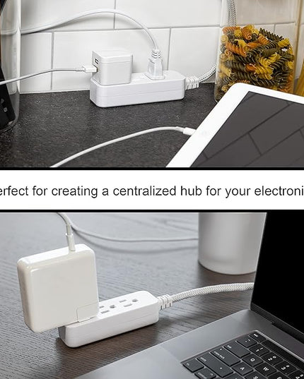 GE 3-Outlet Power Strip Surge Protector 5 Inch Braided Extension Cord with Multiple Outlets Grounded Flat Plug ETL Listed White 45190