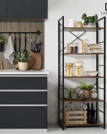 CAPHAUS 5 Tier Bookshelf, 24 Inch Width Free Standing Shelf, Bookcase Shelf Storage Organizer, Industrial Book Shelves for Home Office, Living Room, Kitchen, Rustic Oak