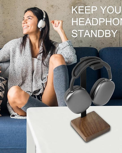 GEVO Headphone Stand Headset Holder - Headset Metal Mount Rack for Desk with Walnut Wooden Square Base for Gaming, AirPod Max, Bose, Sony, Razer, Jabra, JBL