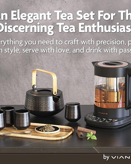 Vianté Luxury Tea Set. Electric Kettle with Infuser for Loose Leaf And Ceramic Serving Set. Teapot and Cup Set with Wooden Tray. Excellent Gift Idea For Tea Lovers.