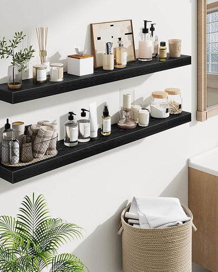 Fun Memories Floating Shelves 48 Inch, Extra Large Wood Shelf Set of 2, Hanging Wall Shelves for Bathroom, Living Room, Kitchen, Bedroom, Black