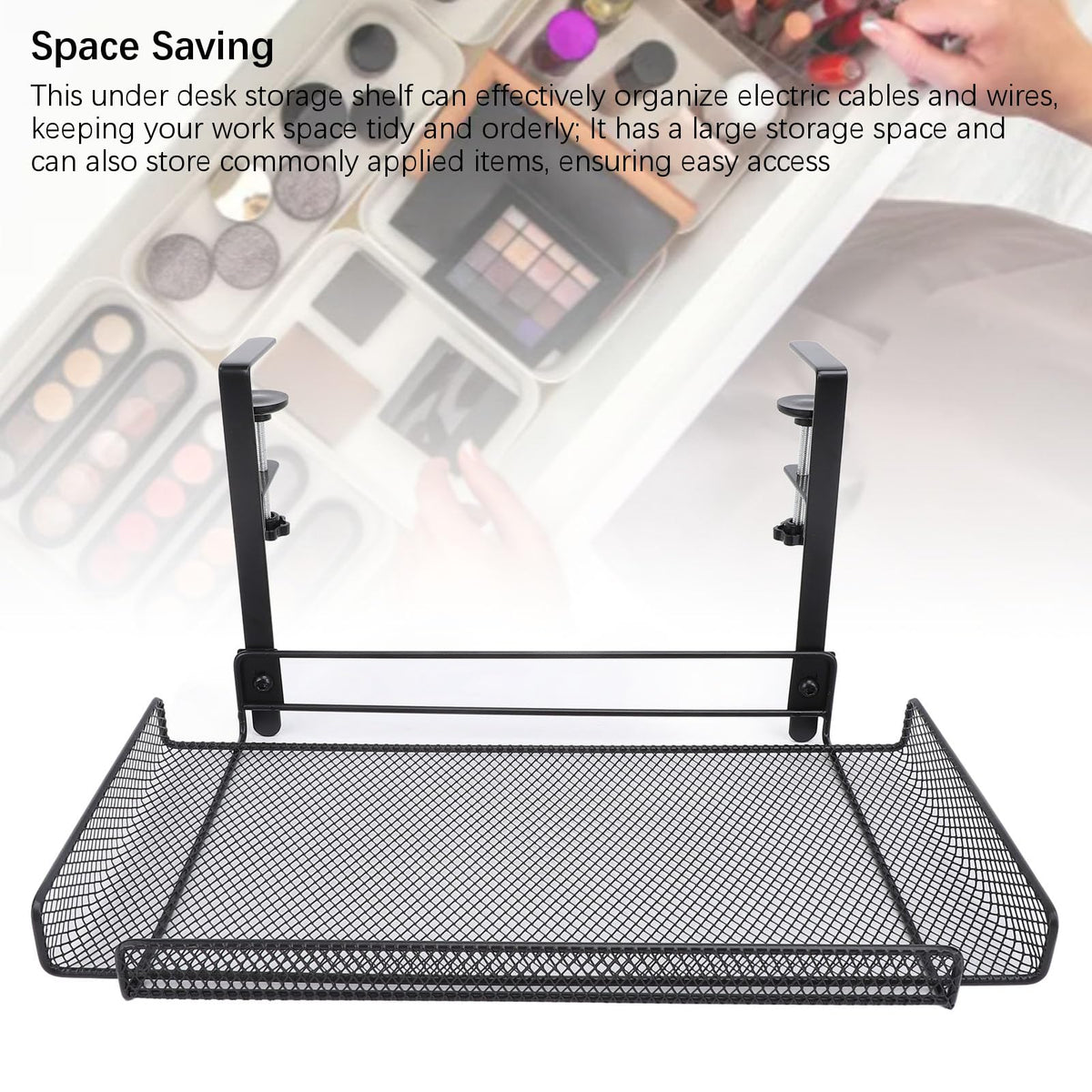 Under Desk Wire Organizer, Cable Management Tray Metal, Large Storage Tray Clamp Mount for Office Home, No Drill Cable Raceway (Black)