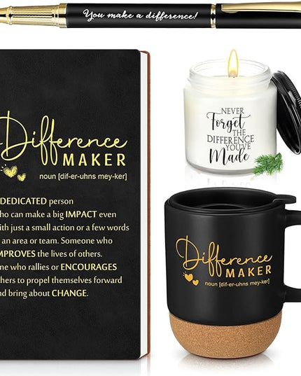 4 Pcs Difference Maker Gift for Women Men Teacher Employee Appreciation Gift for Coworker Staff Coach Difference Maker Mug Notebook Scented Candle Motivational Ballpoint Pen for Valentines(Black)