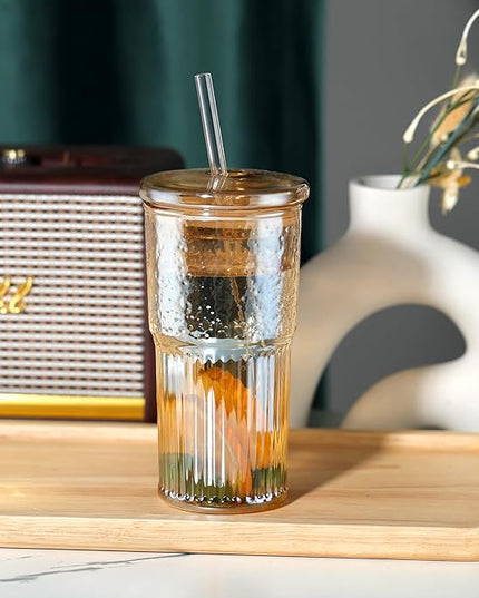 Joeyan 22 oz Amber Glass Tumbler with Straw and Lid for Iced Tea Coffee Smoothie Water Juice Beverages Soda,Ribbed Glasses Cups,Borosilicate Drinking Jar,Set of 2,Dishwasher Safe