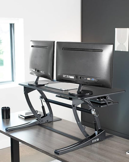 VIVO 36 inch Height Adjustable Stand Up Desk Converter, V Series, Quick Sit to Stand Tabletop Dual Monitor Riser Workstation, Black, DESK-V000V