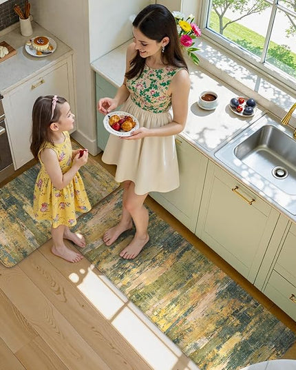 Collive Anti Fatigue Kitchen Rugs Sets of 2, Abstract Non Slip Waterproof Kitchen Mat Modern Runner Rug, Ergonomic Comfort Desk Rugs for Floor, 17"x59"+17"x29" Green/Yellow