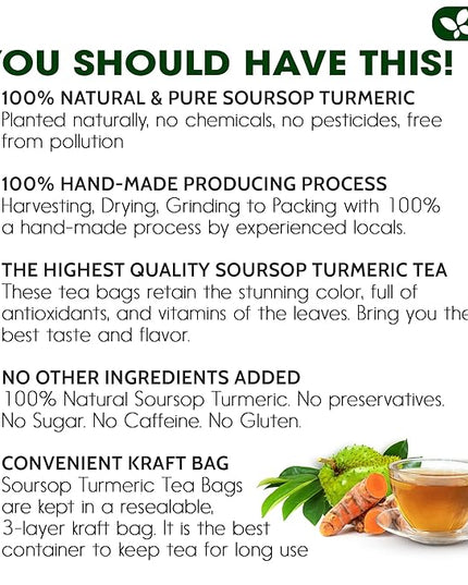 FreshDrinkUS, Premium 25 Tea Bags Soursop Turmeric, 100% Natural, Blend of Soursop Leaves, and Turmeric Root. Made with Natural Material Tea Bags. No Sugar, Vegan.