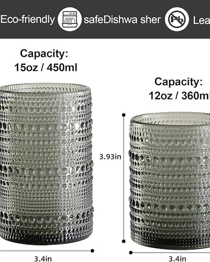 Vintage Glassware Drinking Glasses Set of 12,Grey 12oz & 15oz Hobnail Glass Cups,Embossed Water Tumbler,for Beer,Cocktail,Whiskey,Juice and Various Mixed Drinks- 1 Cleaning Brush