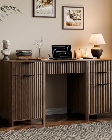 58" Fluted Home Office Desks with Storage, Modern Executive Desk Computer Desks with 5 Drawers & Cabinet, Wood Work Desk File Drawer for Office, Bedroom, Study, Living Room, Walnut