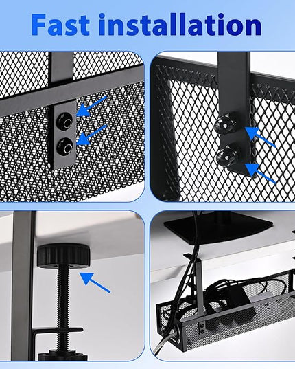 Under Desk Cable Management Tray Small – Clamp-Mounted Wire Organizer & Cord Management Under Desk Rack, No-Drill Metal Cable Organizer for Home Office (Black)