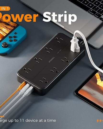 Surge Protector Power Strip, TESSAN Flat Plug Extension Cord with 8 Outlets 3 USB Ports(1 USB C), 1080 Joules Protection, 6 Ft, Wall Mountable Charging Station for Home Office Dorm Room Essentials