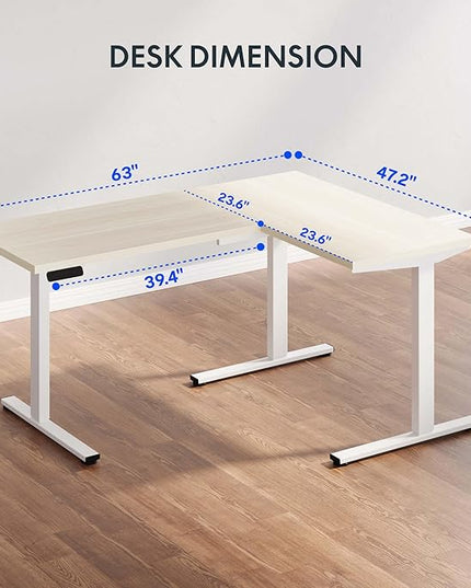 FLEXISPOT L Shaped Standing Desk, 63 x 47 Inch Electric Height Adjustable Corner Desk, Sit Stand Computer Workstation, Preset Controller, Home Office, White Frame with Maple Top